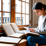 Focused Study**

A student, fully clothed in a modest outfit of jeans and a sweater, sits at a wooden desk in a warmly lit Parisian apartment. Textbooks and sheet music are scattered around. The student is concentrating intensely on an open music theory book. Safe for work, appropriate content, family-friendly, perfect anatomy, natural proportions, professional quality, modest attire.

**
