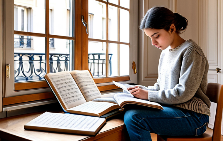 Focused Study**
A student, fully clothed in a modest outfit of jeans and a sweater, sits at a wooden desk in a warmly lit Parisian apartment. Textbooks and sheet music are scattered around. The student is concentrating intensely on an open music theory book. Safe for work, appropriate content, family-friendly, perfect anatomy, natural proportions, professional quality, modest attire.
**