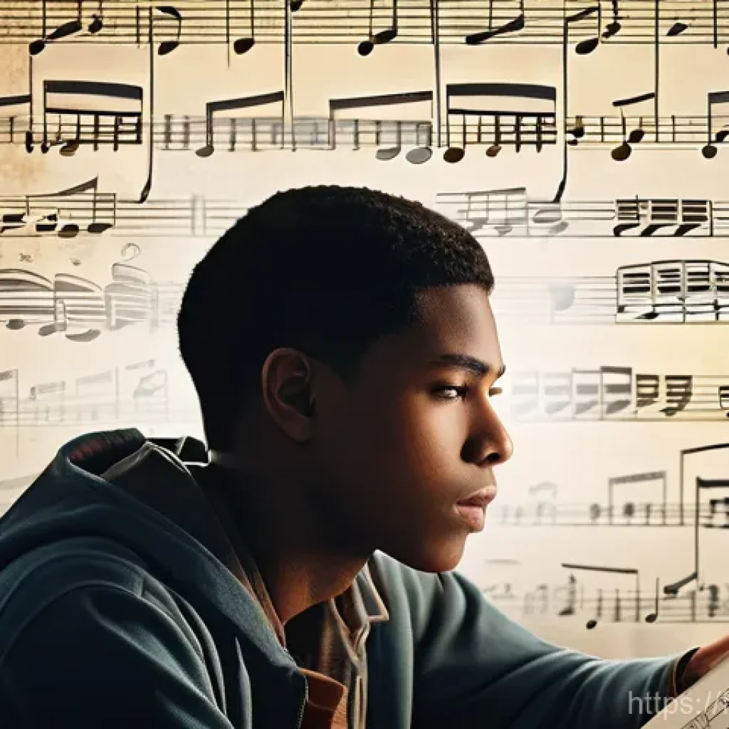 음악이론 교재 리뷰 및 추천 - **"A young adult, looking initially frustrated, sits at a desk piled with complex, antique-looking s...