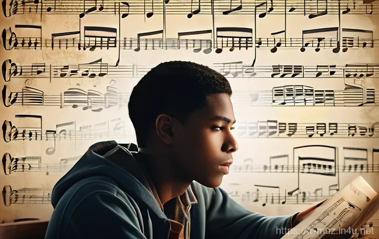 음악이론 교재 리뷰 및 추천 - **"A young adult, looking initially frustrated, sits at a desk piled with complex, antique-looking s...