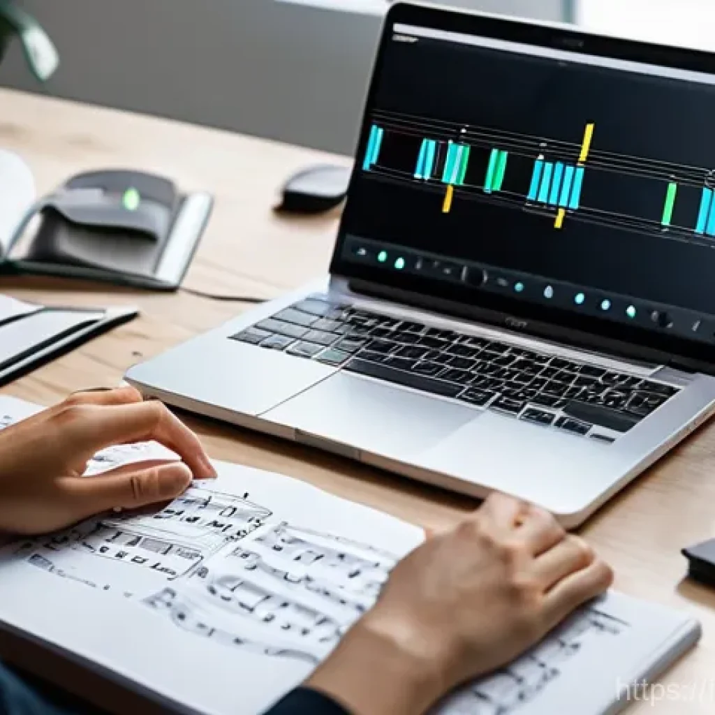 음악이론 학습법 블로그 운영 팁 - **Prompt:** A young adult, male or female, dressed in smart casual attire, sits at a modern, unclutt...