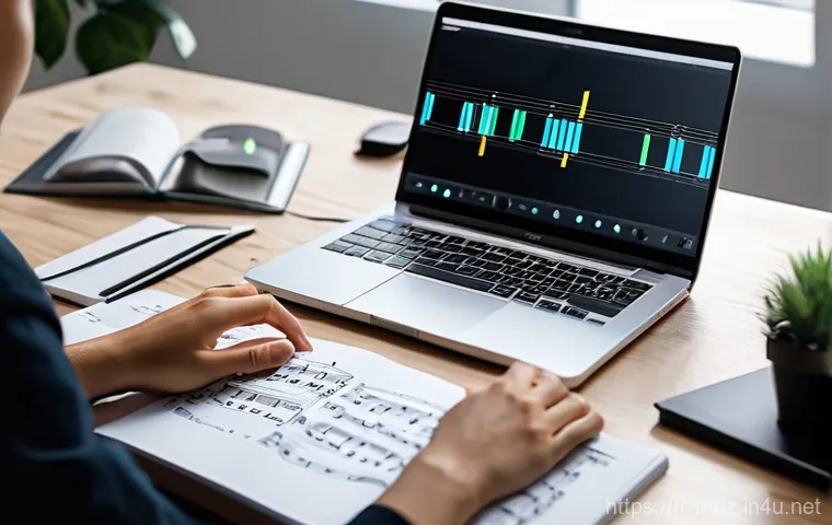 음악이론 학습법 블로그 운영 팁 - **Prompt:** A young adult, male or female, dressed in smart casual attire, sits at a modern, unclutt...