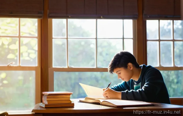 음악이론 시험장 긴장 극복 방법 - **"A young adult student, possibly in their late teens or early twenties, is deeply focused in a bea...