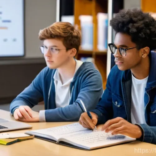 음악이론 시험 대비 스터디 그룹 운영법 - A group of three to four young adult students, diverse in appearance, are engaged in a collaborative...