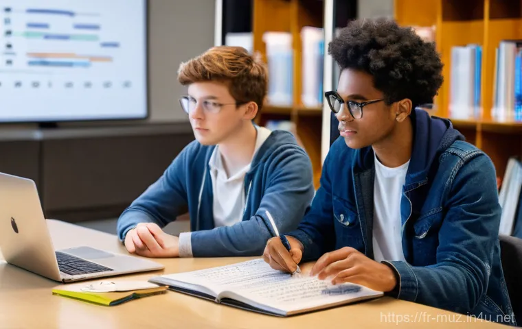 음악이론 시험 대비 스터디 그룹 운영법 - A group of three to four young adult students, diverse in appearance, are engaged in a collaborative...