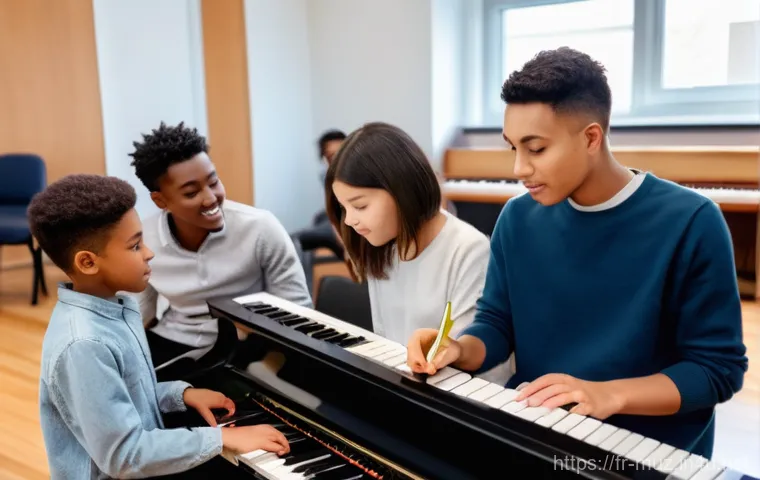 음악이론 시험 대비 스터디 그룹 운영법 - A group of three to four young adult students, diverse in appearance, are engaged in a collaborative... 음악이론 시험 대비 스터디 그룹 운영법 - A group of three to four young adult students, diverse in appearance, are engaged in a collaborative...