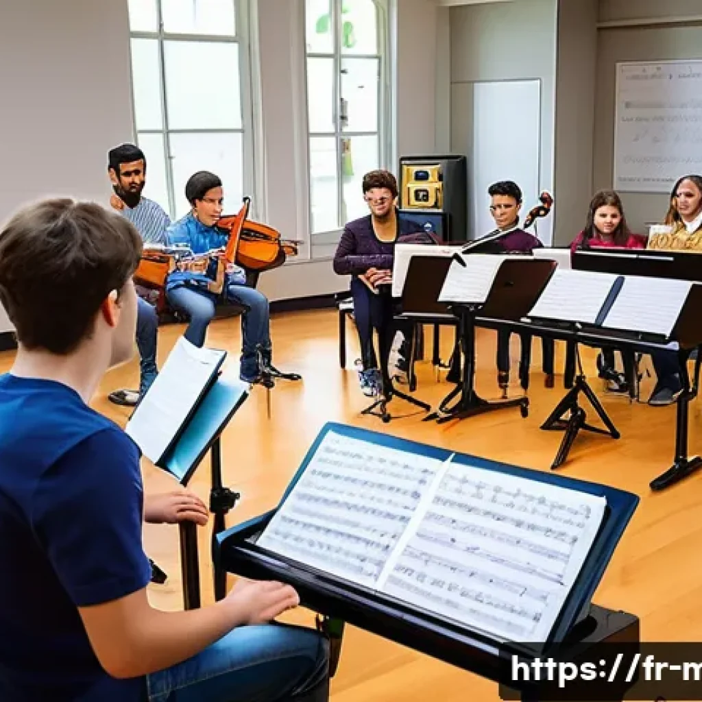음악이론 자격증으로 진출 가능한 직업 - A modern music classroom scene in a French conservatory, featuring a passionate music teacher explai...