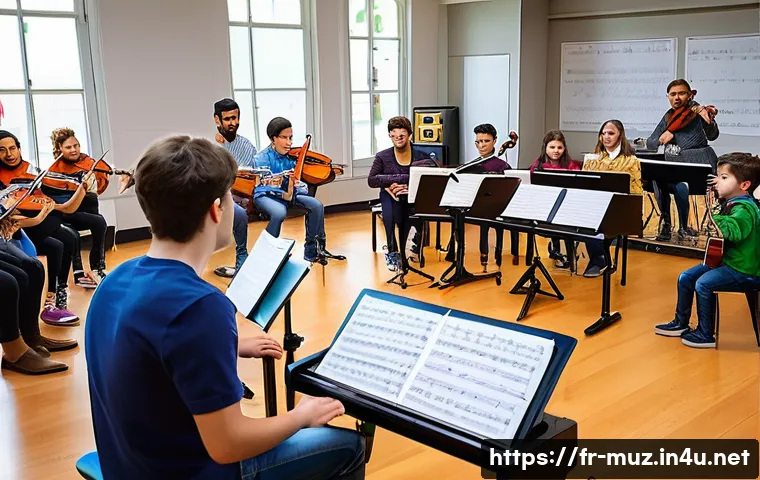 음악이론 자격증으로 진출 가능한 직업 - A modern music classroom scene in a French conservatory, featuring a passionate music teacher explai...