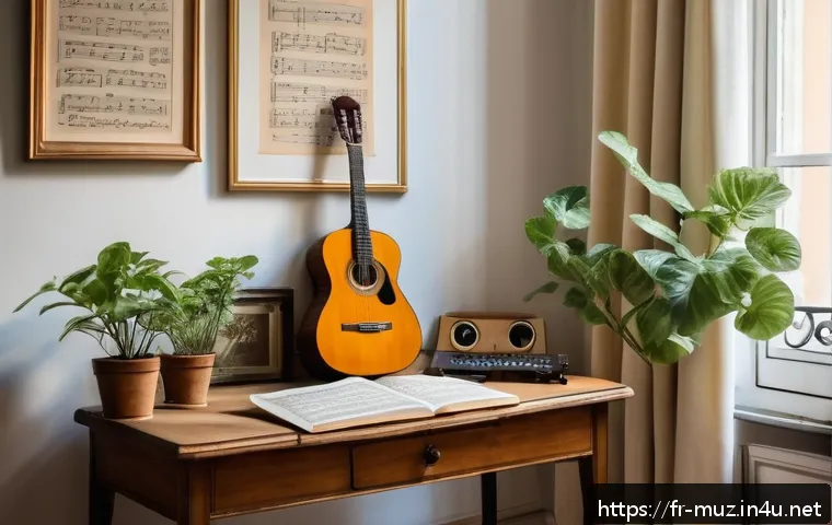 음악이론 공부 슬럼프 극복법 - A serene and well-organized music study corner in a cozy Parisian apartment, featuring a wooden desk...