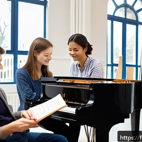 Home 31 음악이론 자격증으로 이직 성공 후기 - A professional music teacher in a modern French conservatory classroom, holding a music theory book ...