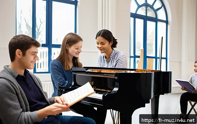 음악이론 자격증으로 이직 성공 후기 - A professional music teacher in a modern French conservatory classroom, holding a music theory book ...