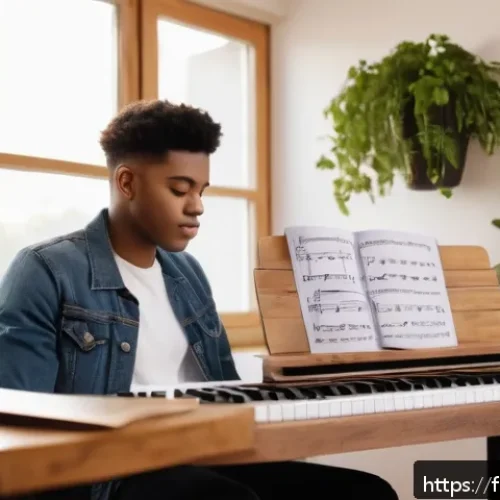 Home 30 음악이론 관련 블로그 키워드 전략 - A cozy, modern home music studio scene featuring a young adult musician sitting at a wooden desk wit...
