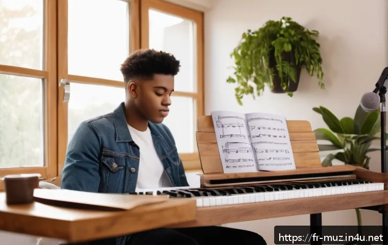 음악이론 관련 블로그 키워드 전략 - A cozy, modern home music studio scene featuring a young adult musician sitting at a wooden desk wit...