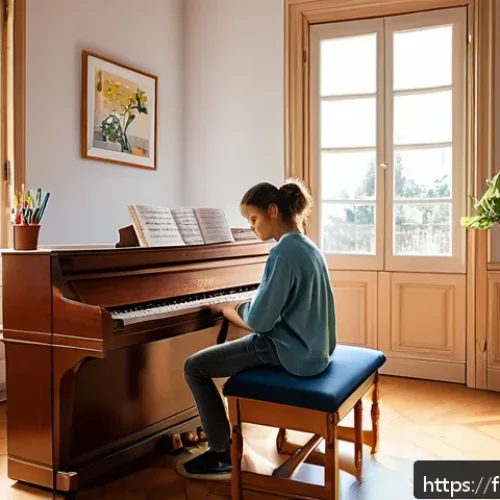 Home 17 음악이론 초보자 추천 교재 - A cozy, sunlit music classroom in a French home, featuring a young adult wearing casual clothes and ...