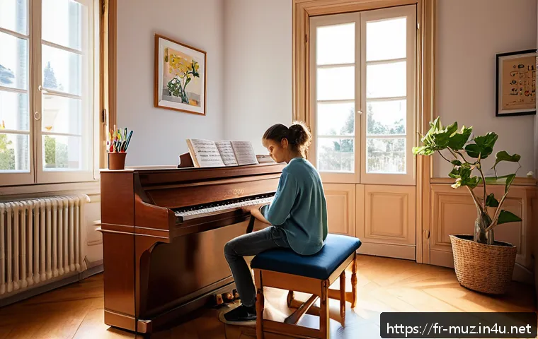 음악이론 초보자 추천 교재 - A cozy, sunlit music classroom in a French home, featuring a young adult wearing casual clothes and ...