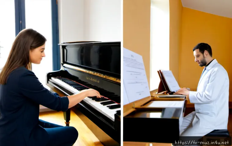 Home 30 음악이론 실무 교육과 자격증 차이 - Photorealistic split-scene comparison in a bright Paris music academy: on the left, an adult learner...