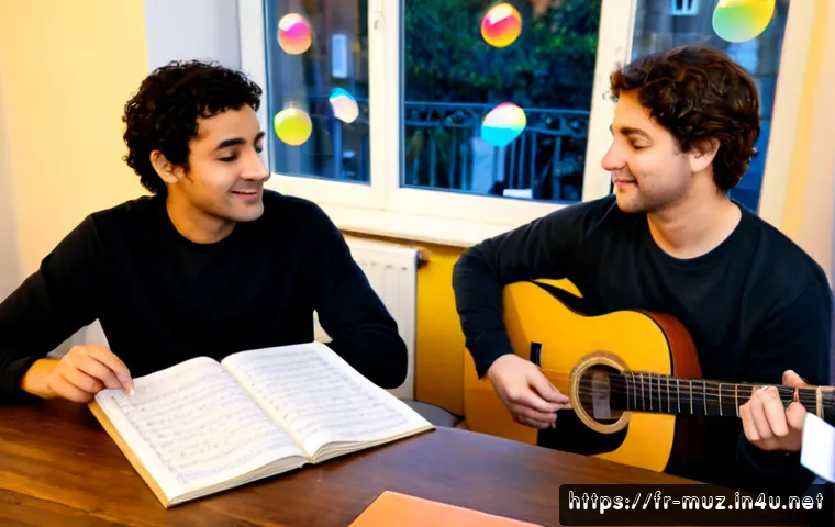 음악이론 관련 커뮤니티 활용법 - Photorealistic cozy Paris apartment study scene, a diverse group of adult music students gathered ar...