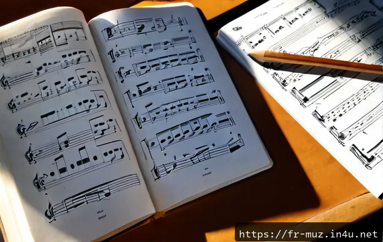 음악이론 시험에서 출제 빈도가 높은 주제 - Photorealistic overhead study desk in a French conservatory setting, open music theory workbook with...