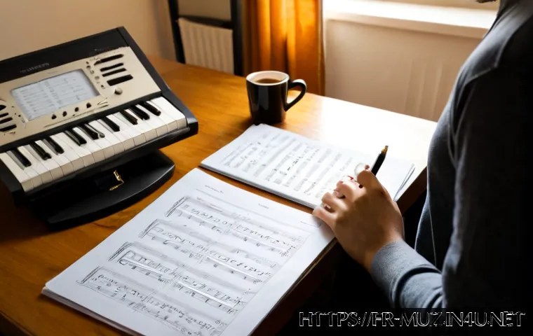 음악이론 자격증 시험 기출문제 분석 - Photorealistic French music student analyzing past music theory exam sheets at a tidy Paris apartmen...