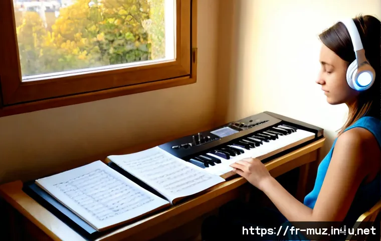 음악이론과 연계된 예술 분야 진출 - Photorealistic French conservatory student composing music at a sunlit Paris apartment desk, open ma...